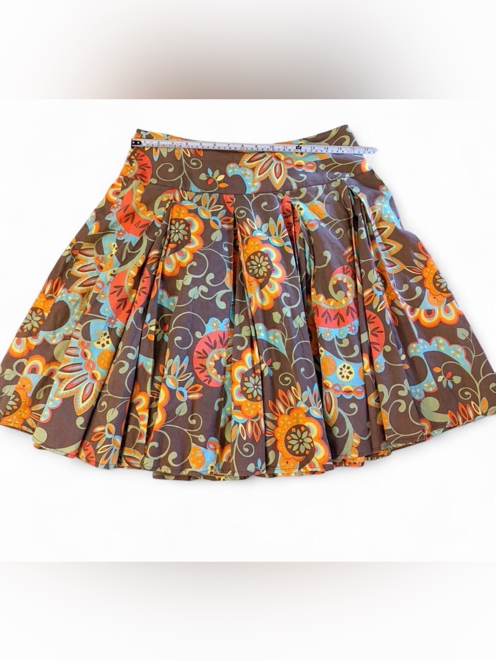 New York & Company Brown Floral Circle Skirt with Orange and Teal Accents